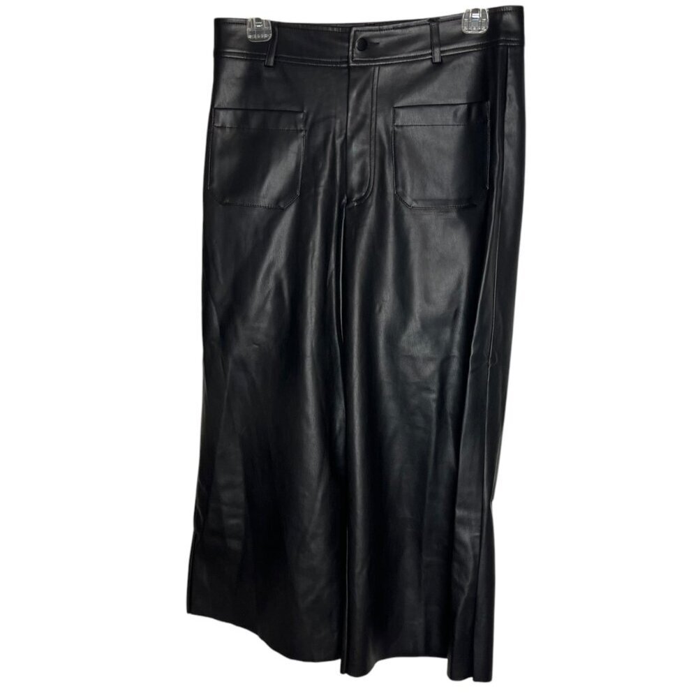 Mark Alan NY Women's M Cropped Black Faux Leather Pants Wide Leg Elevated Basic‎